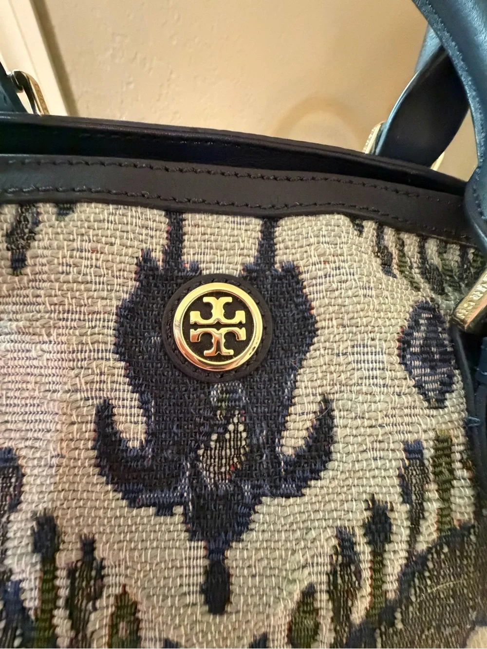 Tory Burch Olive Green, Navy and Cream Tapestry Tote with Dust Bag & long strap